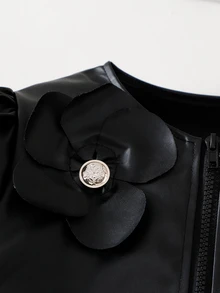 Tween Girl 3D Floral Decor PU Leather Zipper Front Cute Jacket School Off Campus All Black Fall Korea Career Day - Black - View 4