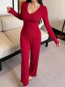 DAZY 2pcs/Set Women's Solid Color Slim Fit V-Neck Long Sleeve T-Shirt & Straight Leg Long Pajama Pants Sleepwear Set - Red - View 5