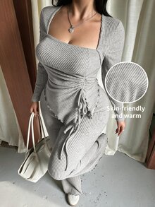 GalTyme 淺灰色大尺碼女款休閒不對稱下擺繫帶上衣與喇叭褲套裝，秋冬款 - 淺灰色 - 查看 9