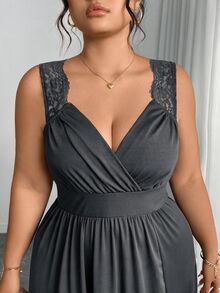 Elenzga Plus Size V-Neck Contrast Lace Strap Flared Slimming Ribbed Long Dress With Side Slit - Dark Grey - View 8