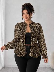Elenzga Plus Size Stand Collar Slim Fit Elegant Leopard Print Asymmetrical Hem Frill Trim Patchwork Collar Ruffle Wood Frill Trim Elegant Commuter Long Sleeve Blouse - Brown - View 4