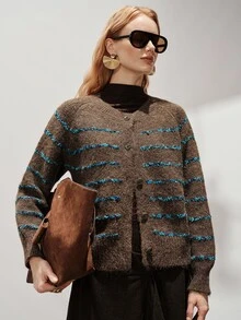 Aveloria Modichic Maillard Brown & Blue Contrast Striped Crew Neck Patterned Metal Button Slouchy Loose Fit Button-Up Sweater - Multicolor - View 5