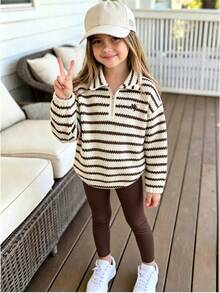 Elladie kids 女童秋冬新款抓絨字母刺繡半拉鍊圓弧下擺長袖高領上衣與刷毛黑色內搭褲2件套 - 咖啡棕 - 查看 1