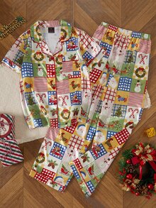 Dream Adore Vintage Plaid Christmas All-Over Print Lapel Cardigan Faux Silk Short Sleeve Pants Set - Multicolor - View 1