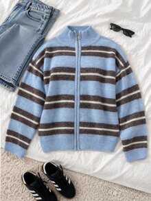 Sunspun Cardigan Wanita Ukuran Besar dengan Motif Garis-Garis Blok Warna dan Resleting, Cocok untuk Pakaian Musim Gugur/Musim Dingin - MultiWarna - View 3