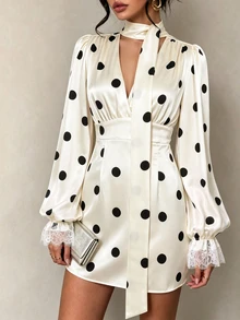 SHEIN LUNE Short Sleeve Black White Polka Dot Elegant French Vintage Vacation Casual Dress Brunch Tea Party - Multicolor - View 4