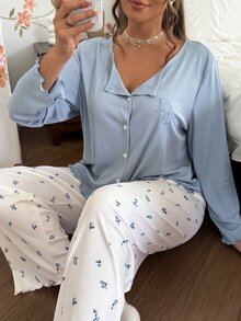 CottageSlumber Romantic Small Ditsy Floral Fine Ribbed Open Front LOVE Letter Embroidery Plus Size Long Sleeve Pajama Set - Blue - View 5