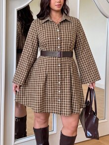GalTyme Plus Size Streetwear Button Plaid Long Sleeve Dress - Brown - View 5