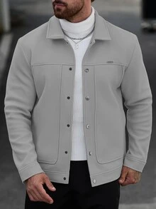 Manfinity CasualCool 男士素色休閒長袖外套，秋冬款男士奶油色鈕扣大衣 - 淺灰色 - 查看 3