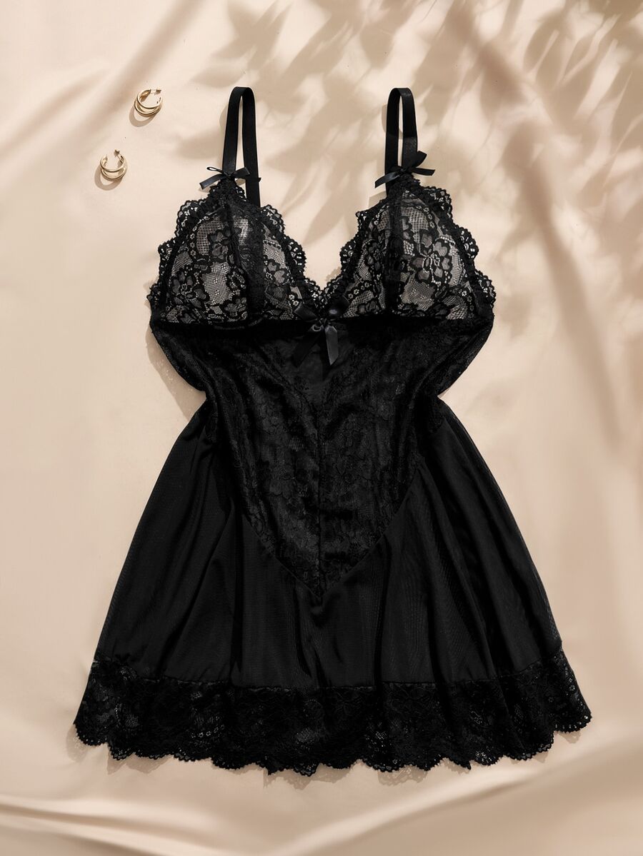 SHEIN 大尺碼性感內衣(蕾絲拼接洋裝) - 黑色 - 查看 1