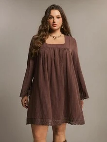 Freevana Plus Size Women Solid Color Ruched Square Neck Casual Daily Summer Long Sleeve Dress - Coffee Brown - View 3