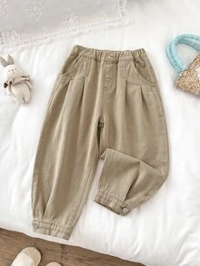 SHEIN 女童休閒日常牛仔長褲 壓褶口袋設計 - 卡其色 - 查看 3