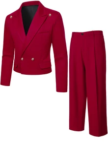 Manfinity AFTRDRK Double-Breasted Short Jacket And Long Pants Suit Set For Men - Burgundy - View 3