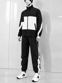 SHEIN 兒童 2 件組青少年男孩黑白配色拼接長袖夾克與長褲套裝，秋季街頭風運動休閒服，適合慢跑、秋季穿著，適用於秋冬、學校、家庭聚會、開學季、運動、玩耍、生日派對、拍照、度假、假期 - 黑與白 - 查看 6