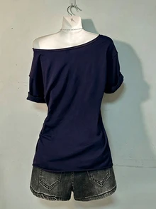 Teen Girls Casual Minimalist Spider Pattern Asymmetrical Shoulder Short Sleeve Top, Suitable For All Seasons - White - View 2