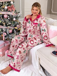 Slumberry CURVE Plus Size Women's All-Over Print Long Sleeve Top And Pants Casual Daily Home Sleepwear Set - Pink - View 3