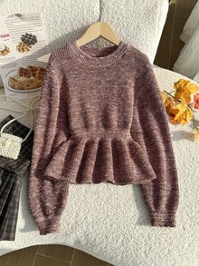 SHEIN 女童棕色針織長袖毛衣，秋冬服飾，韓風新款優雅百搭修身收腰荷葉邊短版毛衣，時尚公主風，適合校園、派對、日常穿著、感恩節 - 棕色 - 查看 4