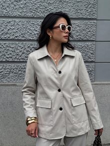 Yunfilé Jaket Kerah Persegi Warna Putih Gading, Jaket Kasual Lurus Serbaguna Elegan dengan Kancing Tunggal dan Saku Besar - Krem - View 4