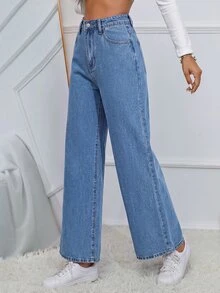 SHEIN Essnce 女款休閒日常牛仔褲，附口袋與鈕扣設計 - 中等水洗藍 - 查看 6