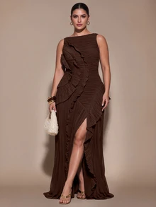 SHEIN BAE CURVE Plus Size Women Solid Color Pleated Slit Design Fashion Party Dress - Brown - View 1