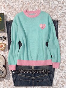 CovetEZ Betty Boop x SHEIN Women's Ribbed Contrast Color Embroidered Sweet Long Sleeve Sweater For School And Vacation - Multicolor - View 1