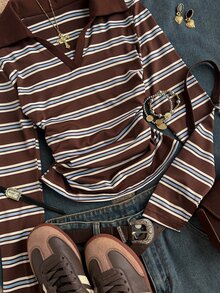 Attitoon Plus Size Women's Striped Collared Long Sleeve Casual Versatile T-Shirt Fall - Multicolor - View 3