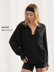 GLOWMODE SoftCalm Modal Chill Days Oversized Silky Smooth Breathable Wide Collar Drawstring Hem Zip-Up Jacket Daily Casual Wear - Black - View 1