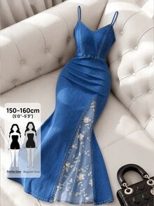 Rivivi Petite Women's Mesh Patchwork Casual Party Summer Spaghetti Strap Denim Dress - Blue - View 1