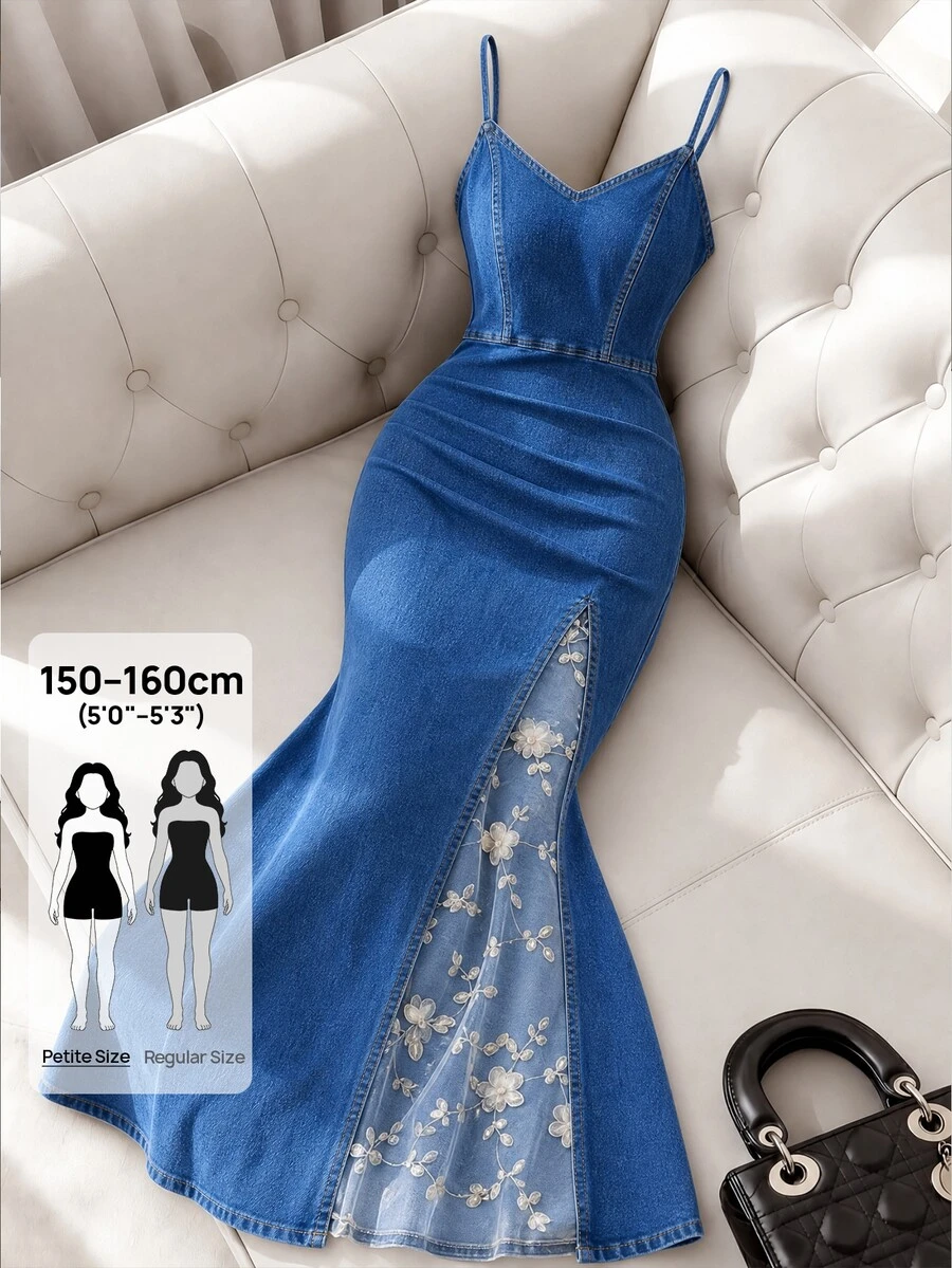 Rivivi Petite Women's Mesh Patchwork Casual Party Summer Spaghetti Strap Denim Dress - Blue - View 1