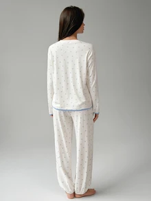 DAZY Women's Ditsy Floral Long Sleeve Top And Drawstring Waist Long Pants Pajama Set - White - View 2