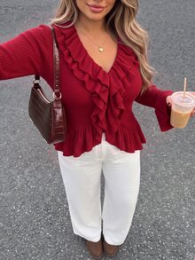 Vionelle Plus Size Autumn/Winter Thermal Lined Ribbed Texture Double Layer Ruffle Collar Long Sleeve Ruffle Cuff Women's T-Shirt Going Out Evening Red Elegant - Red - View 4