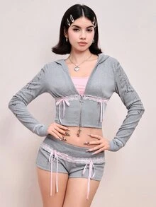 ROMWE Y2K Setelan 2 Potong Kardigan Berkerudung dan Celana Pendek Musim Gugur/Dingin untuk Wanita - Light Grey - View 1