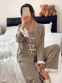 Napfluff Vintage Vertical Striped Pajama Set, Sweet Bowknot Decoration, Ruffle Cuff Patchwork Loungewear - Multicolor - View 5