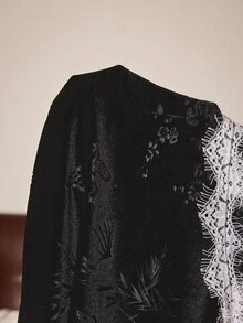 Slumberist Velvet Embossed Patchwork Eyelash Lace Trim Sexy Pajama Set - Black - View 5