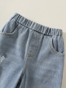 SHEIN 2件組嬰兒男孩女孩秋冬休閒連帽衛衣與破洞牛仔褲套裝，嬰兒套裝，秋冬套裝，嬰兒男孩運動服 - 彩色 - 查看 6