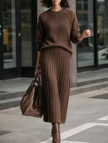 Louniche Vintage Commuter Style Cable Knit 2 Pieces Set, Autumn/Winter Gentle Intellectual Style Round Neck Raglan Sleeve Top + High Waist Diamond Pattern Slit Long Skirt Set, Versatile Commuter & Date Outfit For Women - Chocolate Brown - View 1