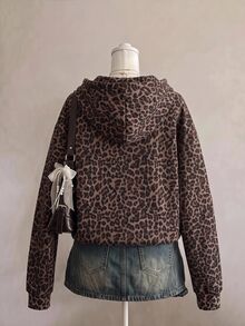 SHEIN EZwear 經典棕色豹紋拉鍊連帽衛衣，棕色調，秋季休閒街頭風，Y2K復古風格，適合日常穿著與度假 - 彩色 - 查看 2