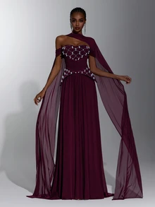 Elitara Elegant Romantic Luxury Elastic Knit Cold Shoulder Off-Shoulder Fabric Ruched Rope Luxury Rhinestone Embellished Bodycon A-Line Dress With Flounce, Suitable For Holiday Celebrations, Weddings, Balls, Concerts, Business Guest Banquets, Internet Celebrity Events, Women's Heavy Workmanship Evening Gown - Hot Pink - View 1