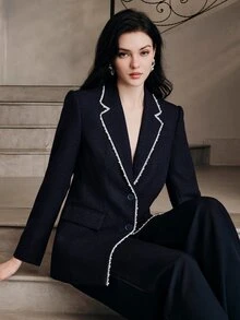 Anewsta Women's New Elegant Retro Modern Commuter Casual Daily Versatile Pearl Decorated Long Sleeve Blazer - Navy Blue - View 3