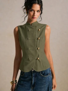 Poéselle 女款純色金屬鈕扣前開襟休閒背心外套 - 軍綠色 - 查看 6