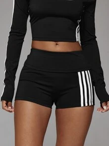 Musera Sport شورت رياضي قصير ضيق بخصر مطوي جانبي مخطط، لطيف باللون الأصفر الزبدي، مناسب للخريف والشتاء والتمارين الرياضية - الأسود - مشاهدة 1