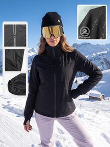 SHEIN BASICS جاكيت نسائي بلون موحد بسحاب كاجوال متعدد الاستخدامات للخارج مقاوم للرياح - الأسود - مشاهدة 1
