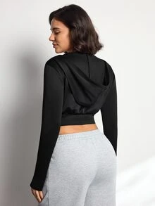 Costa Lumi Women's Solid Color Zip-Up Hooded Casual Sports Sweatshirt - Black - View 2