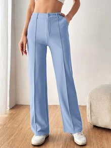 SHEIN EZwear 女款素色直筒西裝長褲 秋冬款 - 藍色 - 查看 5