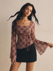Poéselle Women's Plaid Square Neck Raglan Flare Sleeve Fashion Top - Brown - View 6