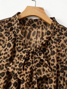 Velvienne Plus Size Women's Leopard Print Casual Versatile Daily Wear Shirt Fall - Coffee Brown - View 6