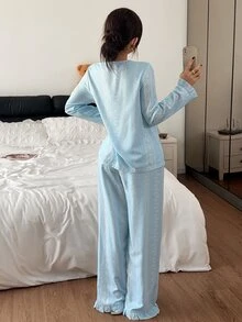 Napfluff Women's Striped Floral Solid Color Fresh Print Long Sleeve & Long Pants Pajama Set, Special Collar Design, Lace Trim Decoration, Cute Style, Comfortable Home Wear, Suitable For All Seasons - Blue - View 3