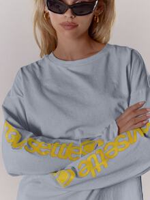 MUSERA 寬鬆大版圖案袖長袖上衣 T-shirt 酷女孩街頭風 日常學院風 1997 Holiday Vacation 圖案 T-shirt 春夏款 - 淺藍色 - 查看 6