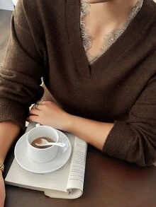 Dazy Plus V-Neck Contrast Lace Design Loose Fit Brown Vintage Sweater, New Autumn/Winter - Brown - View 6