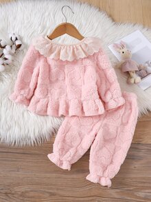 SHEIN Bộ 2 món áo tay dài cổ tròn bèo nhún lông giả và quần dài cho bé gái, phong cách dễ thương, mặc nhà thường ngày, chất lông xù mềm mại, thoải mái, thu đông - Hồng - Xem 7